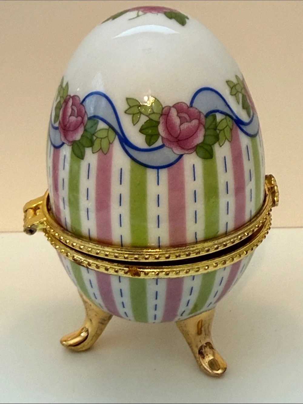 Genuine Porcelain hand painted romantic Victorian style egg shaped trinket box